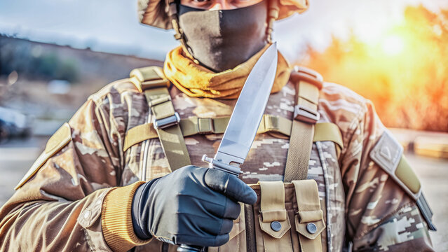  A soldier holds a combat knife, ready for action.Camouflage uniform and tactical knife, highlighting military preparedness.Close-up of a soldier's hand holding a knife, showcasing military equipment.