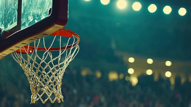 Close-up of a basketball hoop at night, blurred stadium crowd in background.  Perfect for sports, game, or competition themes.