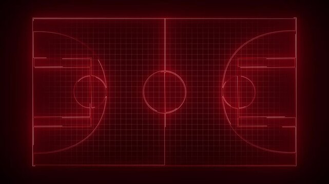 Animation of neon sports stadium on black background with neon lights ,Neon red basketball court animation