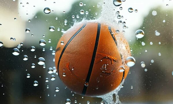 Basketball Splash: A Dynamic Image of a Basketball Entering Water, Capturing the Moment of Impact with Water Droplets Surrounding the Ball.  High-Speed Photography Technique.