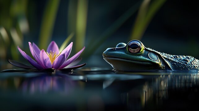   A frog atop water with a purple flower in fg & green grass bkg