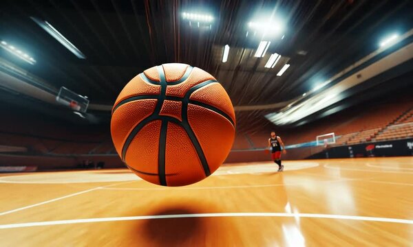 A basketball is in motion on a court