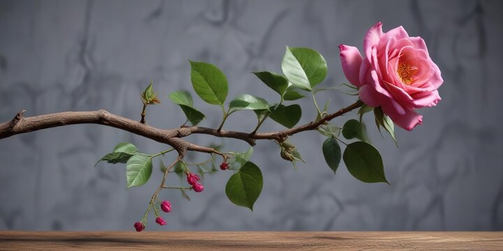 Single Morden Blash rose bloom on a wooden branch, natural elements, rustic charm, delicate petals