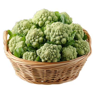 Fresh romanescu cauliflower in a woven basket isolated on transparent background png