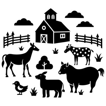 Hand-Drawn Farm Animals and Rural Village Vector Collection