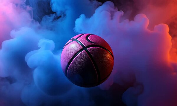 A vibrant basketball surrounded by colorful smoke, emphasizing a dynamic sports theme.