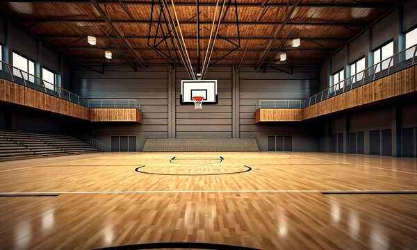 Empty modern indoor basketball court with wooden floor, bleachers, and high ceiling.