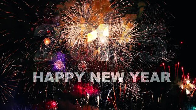 Happy New Year 2025 background illumination, countdown and fireworks in night sky. Firework sparkler banner video