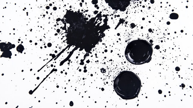 Black paint splashes set isolated on white background. Vector realistic illustration of round ink strokes, glass or bottle bottom stain circles, dirty liquid splatter on surface, abstract borders