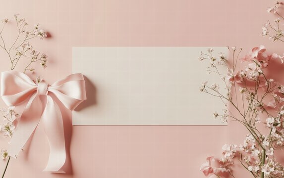 A blank voucher styled with a bouquet of fresh flowers and a silk bow on a soft pink background