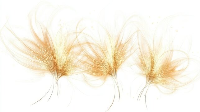 Three golden firework bursts with delicate trails on a transparent, png, white background, suitable for festive designs