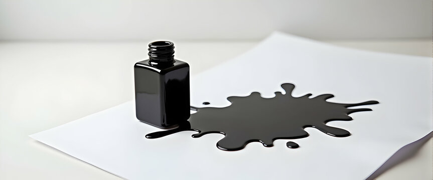 A dark, glossy ink spills dramatically from a small bottle onto a stark white surface, creating an abstract design. The contrast is striking.