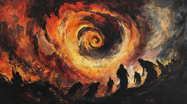 illustration depicts a harrowing descent into hell, with swirling flames and shadowy figures, capturing the essence of darkness and despair in a surreal landscape