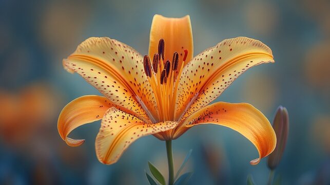 Close-up of a vibrant orange lily with dark spots, showcasing its delicate petals and stamens against a blurred background.