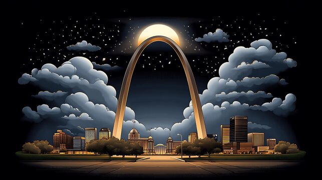 Moonlit St. Louis Arch Under Starry Sky: Digital Painting of City Skyline at Night AI Generated