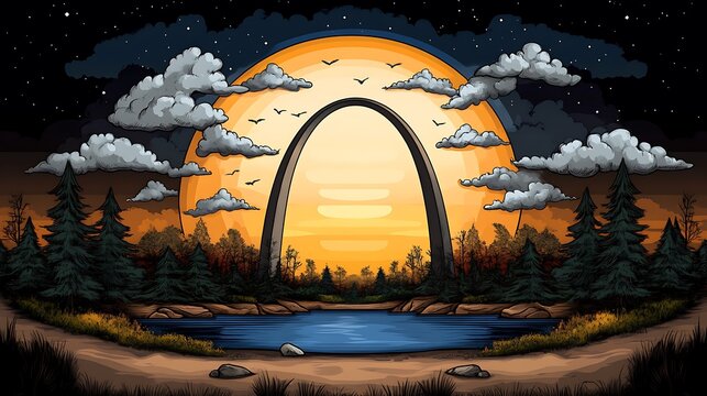 Digital Illustration of the St. Louis Arch at Sunset over a Serene Lake Scene AI Generated