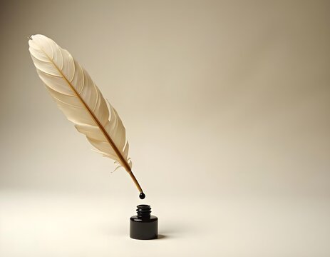  A classic feather quill with a black ink droplet falling into an ink bottle against a neutral beige background.