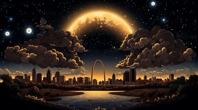 St. Louis Cityscape Silhouette at Night Under a Celestial Moon, Digital Painting AI Generated