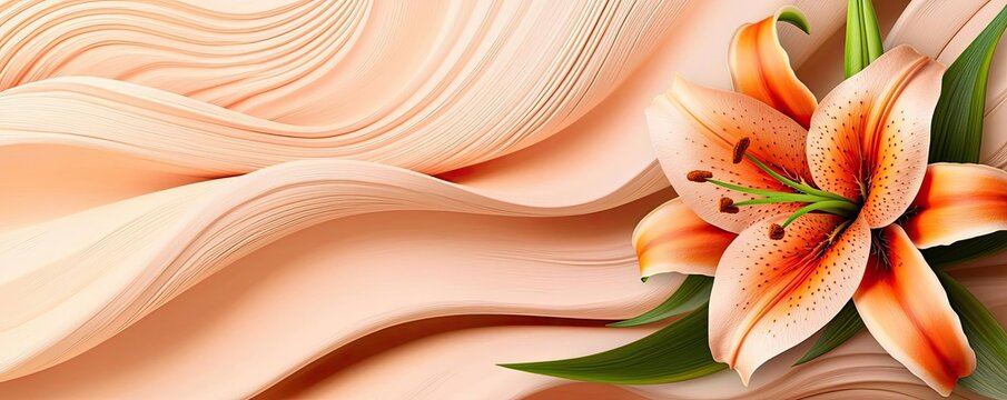 Lily floral abstract background idea. Beautiful orange lily flower with soft peach waves in the background.