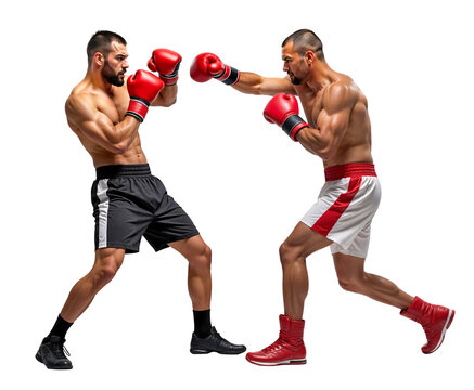 Two pro boxer sparring in a boxing match, isolated full body side view