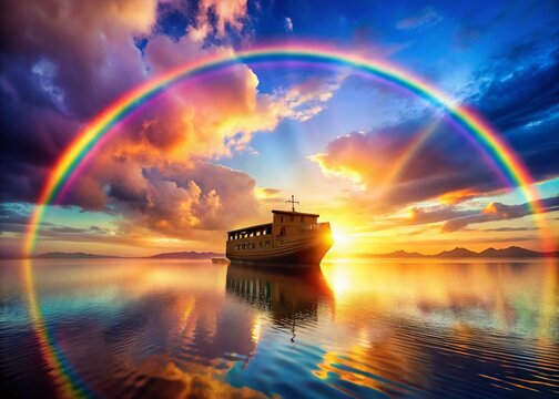 Noah's Ark Sunrise Holy Week Rainbow Double Exposure Stock Photo