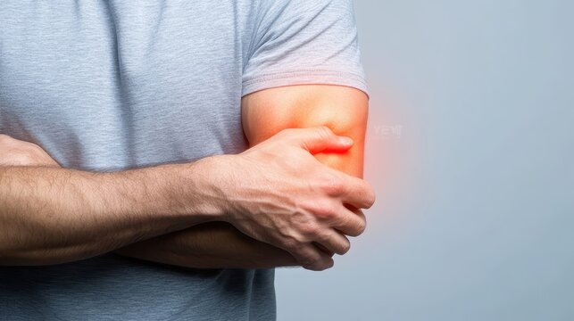 Man holding elbow with red spot, understanding elbow pain, causes and treatment options