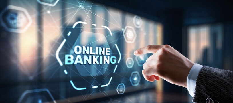 Banking Online Internet Payment Technology. Businessman presses a button Banking