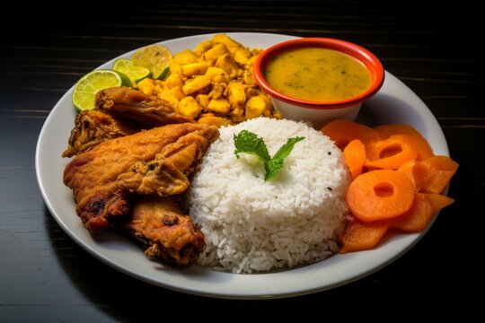 Traditional nepalese meal featuring fried chicken, rice, dal, potato curry, carrot pickle, and lime wedges, creating a vibrant culinary experience