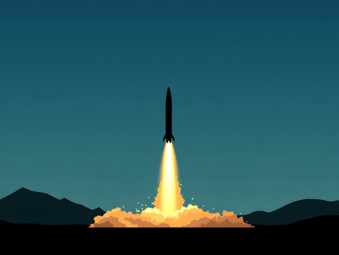 A clean vector of a missile being launched, symbolizing modern warfare technology. Missile launch illustration.


