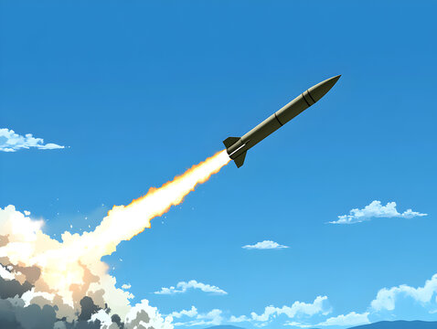 A clean vector of a missile being launched, symbolizing modern warfare technology. Missile launch illustration.


