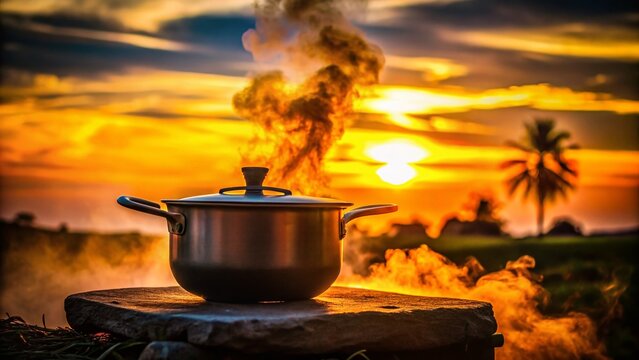 Silhouette of Aloo Tarkari Cooking Pot at Sunset - Indian Cuisine