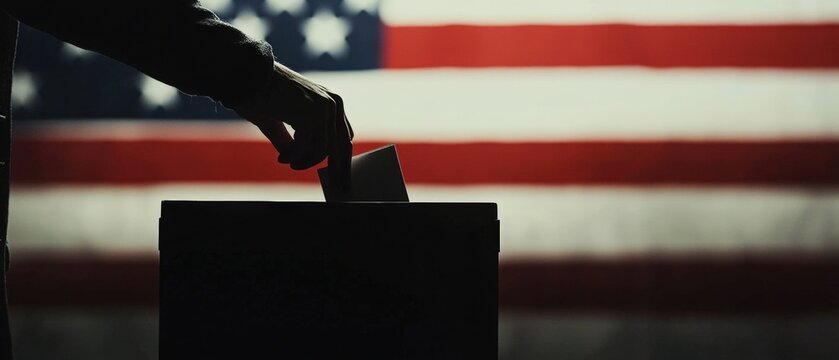 Voting, election and democracy concept with a hand placing ballot into a box against United States flag. Civic engagement, political rights and citizen participation.