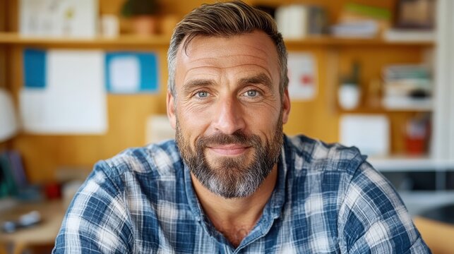 A smiling man wearing a plaid shirt is seated at a stylish workspace, exuding confidence and professionalism. His friendly demeanor sets a positive tone for collaboration.