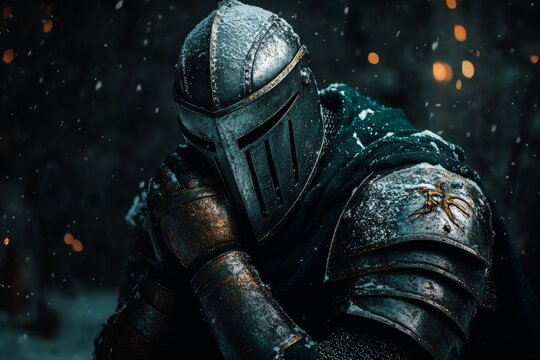 A shadowy scene of a knight removing their helmet after surviving a harrowing battle, their expression a mix of exhaustion and relief as moonlight shines on their armor