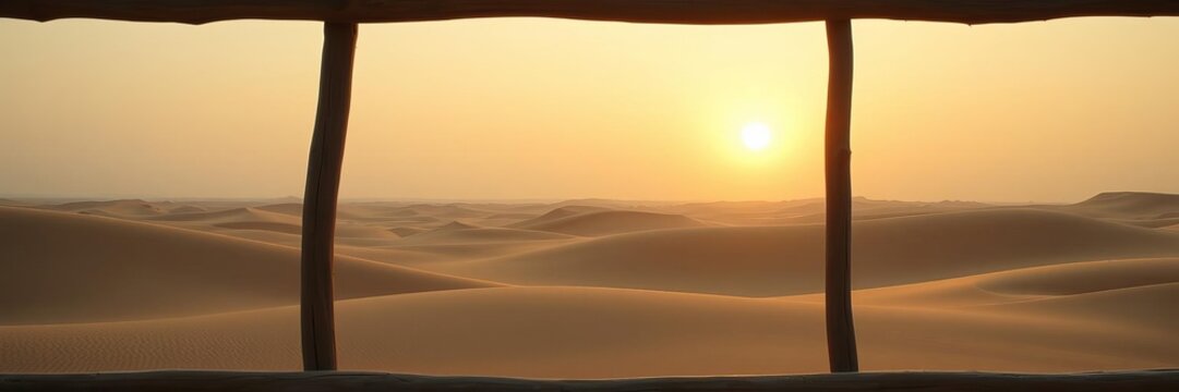 A wooden frame stands in the middle of the vast Bintan desert landscape, dunes, horizon, adventure