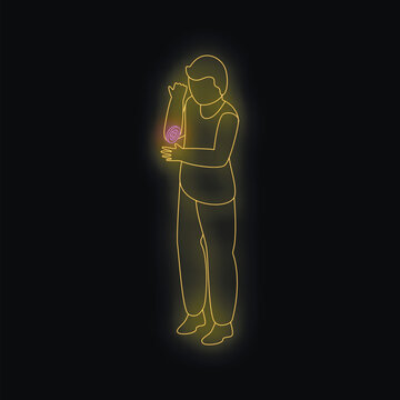 Neon style illustration representing a man experiencing elbow pain, touching his arm, ideal for health related topics