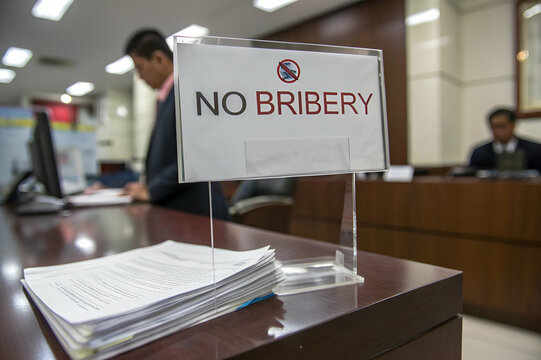 Business Ethics, A sign reading "No Bribery" stands prominently in an office environment, emphasizing anti-corruption efforts.