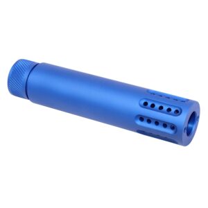 308 caliber barrel shroud with multi-port muzzle brake in a striking anodized blue finish