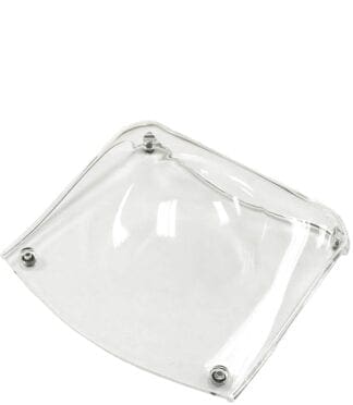 Clear plastic helmet visor with fasteners.