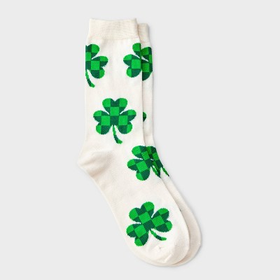 Women's Checkerboard Shamrocks St. Patrick's Day Crew Socks - Cream/Green 4-10