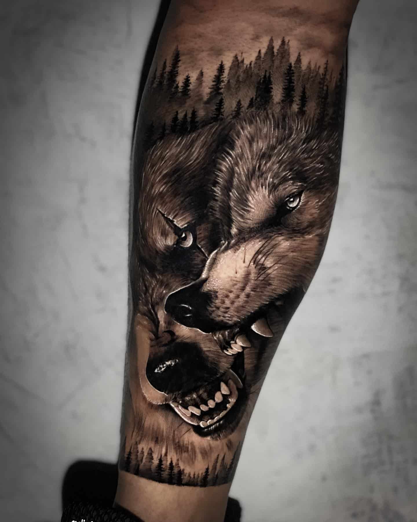 Wolf Howling Leg Tattoo