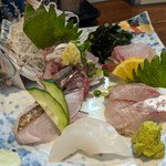 旬魚菜 しら川 - お刺身盛合せ（アオリイカ、カマス、エボ鯛、ヒラマサ、アジ）