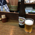 Meijiya - 小瓶ビール。四斗樽酒がシブい。そしてなんだかムラムラしてきた♡