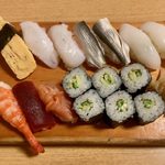 Takase Zushi Tabata Ten - いか ¥150×2、こはだ ¥150×2、たこ ¥100×2、玉子 ¥100、かっぱ巻 ¥300、赤貝 ¥250、赤身 ¥200、車えび ¥250