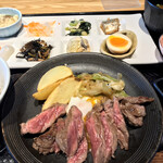 Kamayaki Wagyu Steak no Teppan Izakaya 199 Yen Drink to Kyo no Obanzai Ichiba Koji Ionmoru Kitaoji Ten - US産肩ロースステーキのおばんざいプレート