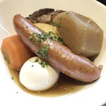 Bistro Furaya - フランスおでんおまかせ5種：ソーセージ、大根、人参、皮つきじゃがいも、爆弾＋追加：スペイン産赤豚の自家製ベーコン