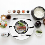 Freshly steamed clay pot rice and Wagyu sirloin Steak