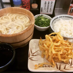 Marugame Seimen Hitachinaka Ten - 釜揚げうどん(並)＋野菜かき揚げ＋天丼用ごはん　¥290+140+140-