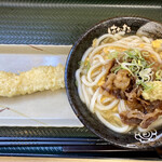 Hanamaru Udon Marugame Jo Nishi Ten - 牛肉玉子餡掛けうどん　イカ天