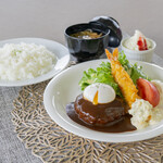 Fukagawa beef Hamburg Steak with fried shrimp